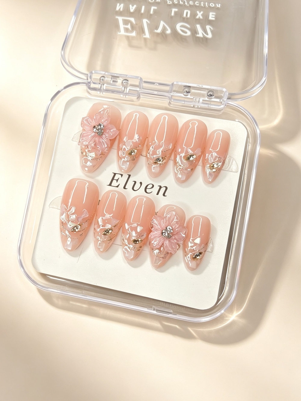 NNude Pink Press On Nails With 3D Flowers Crystals And Gold Foil Medium Almond